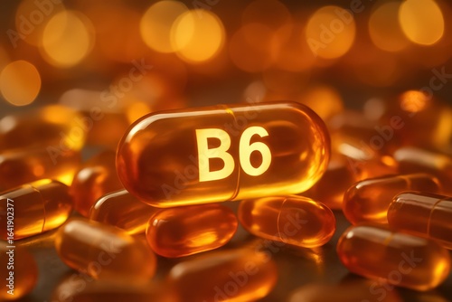 Bright orange vitamin B6 capsule surrounded by smaller orange capsules, highlighting health benefits and nutrition