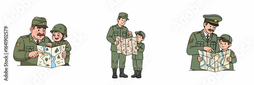 Illustration of Army Officer and Boy Scout Reading Map Together in Uniform