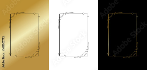 Simple frame in a drawn line style, isolated vector image, three design options on gold, transparent, and black backgrounds

