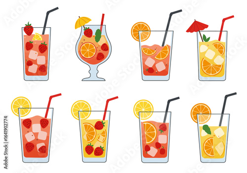 Assorted Fruity Cocktails with Strawberries and Citrus Slices Illustration