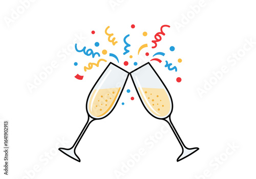 Two Champagne Flutes Toasting with Confetti Celebration