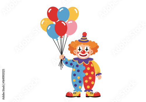 Cartoon Clown Holding Balloons, Colorful Costume, Happy Expression