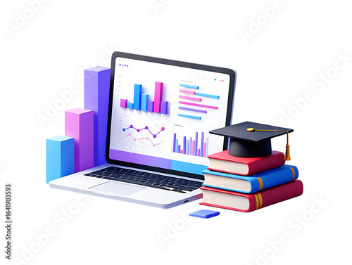 Modern 3D Concept of Education and Data Analytics with Laptop Displaying Charts, Books, and Graduation Cap