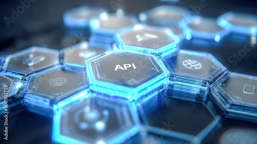 Application Programming Interface Concept: Futuristic Hexagonal Grid with Glowing API Button for Software and IT Solutions