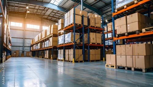 Warehouse interior with high shelving