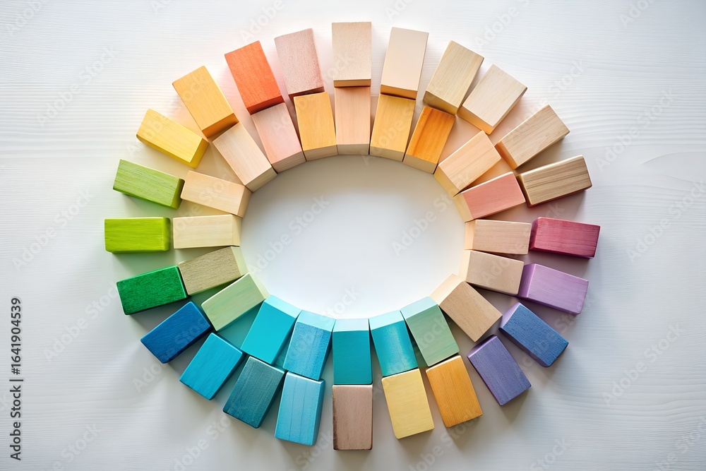 Obraz premium Colorful wooden blocks arranged in a circle on white wooden background