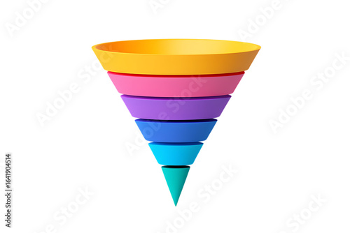 Multicolor tiered 3D rendered sales funnel icon showcasing distinct layers in a vibrant gradient, representing a structured process.