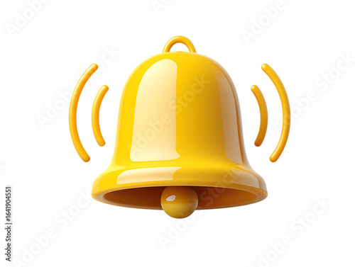 Glossy golden yellow 3D rendered ringing bell icon with sound waves emanating, signifying a new notification or alert.
