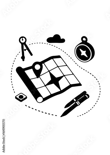 Navigation Tools Silhouette with Map and Compass