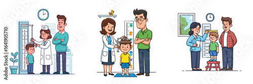 Cartoon Illustration of Pediatrician Measuring Child Height with Parent Observation Scene