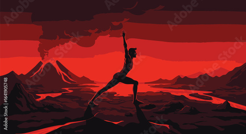 Yoga Warrior Pose Amidst Volcanic Eruption A Silhouette of Strength and Serenity