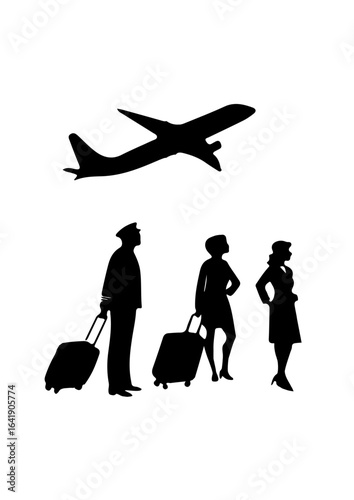 Silhouettes of Travelers with Luggage Under Flying Airplane