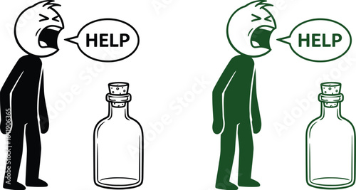 Stick figure shouting for help next to an empty glass bottle editable