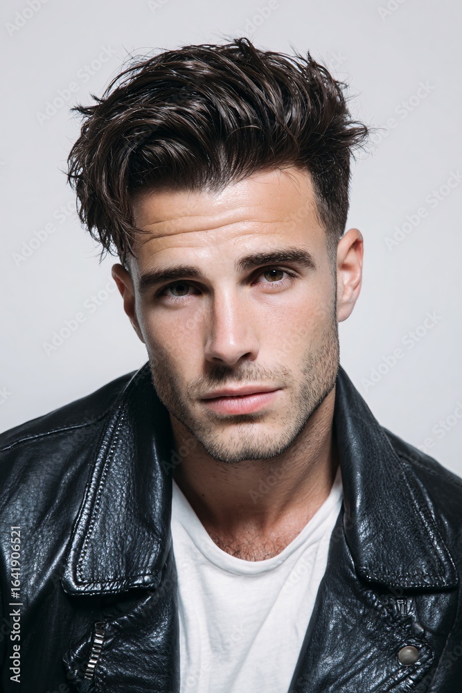 Obraz premium Portrait of a Man with Tousled Hair and Leather Jacket