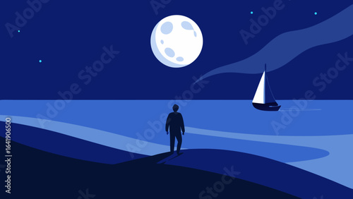 solitary figure moonlit beach walking peaceful calm