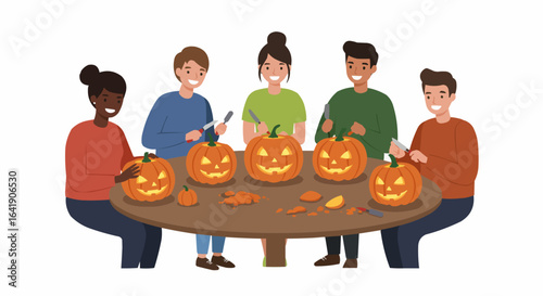 Diverse Group of Friends Carving Halloween Pumpkins Together at a Table on Isolated White Background