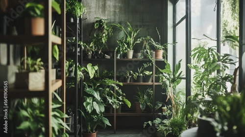 A serene indoor space filled with various plants, creating a lush, green atmosphere.