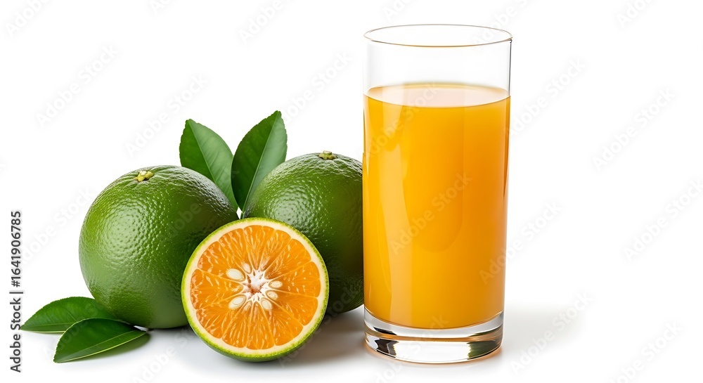 Fresh orange juice in a tall glass with whole and halved oranges and leaves Fresh orange juice in a tall glass with whole and halved oranges and leaves
