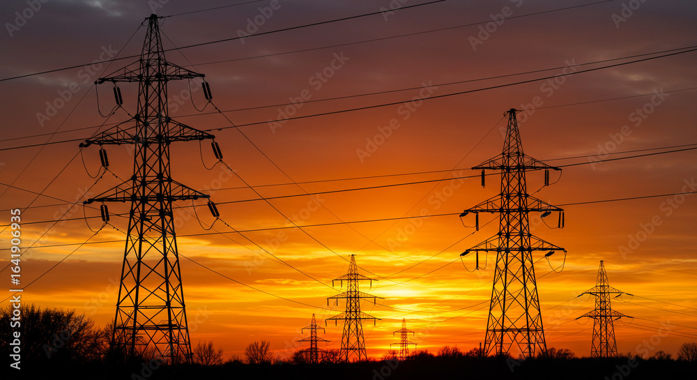 Fototapeta premium Electric Power Lines Stretching Across Sunset Sky – Power Transmission and Resistance