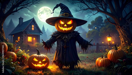 Halloween scarecrow at night