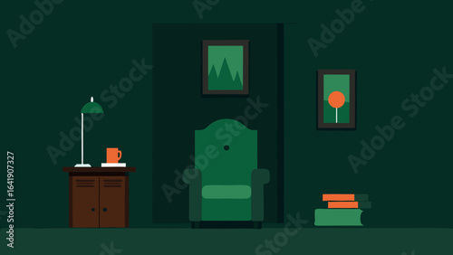 moody dark toned study deep green walls