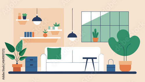 open airy studio apartment plants white decor