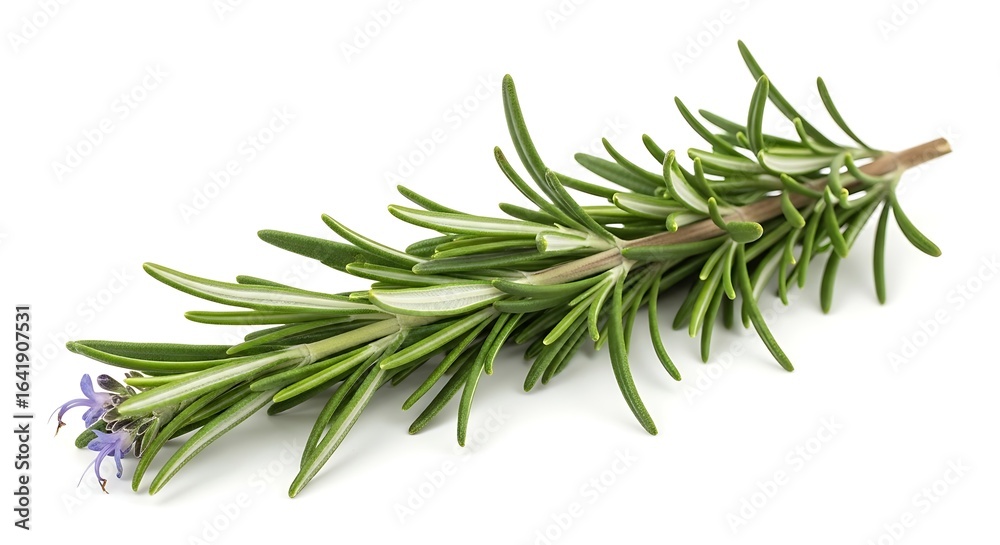 Fototapeta premium Fresh aromatic rosemary sprig with green needle leaves and a blossom isolated on white