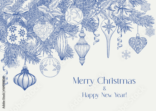 Vintage illustration Marry Christmas and happy new year with balls, toys, fir twigs, ribbons. Blue beige. Hand drawn Toile Vector background for design holiday decor, greeting card, decoration, poster