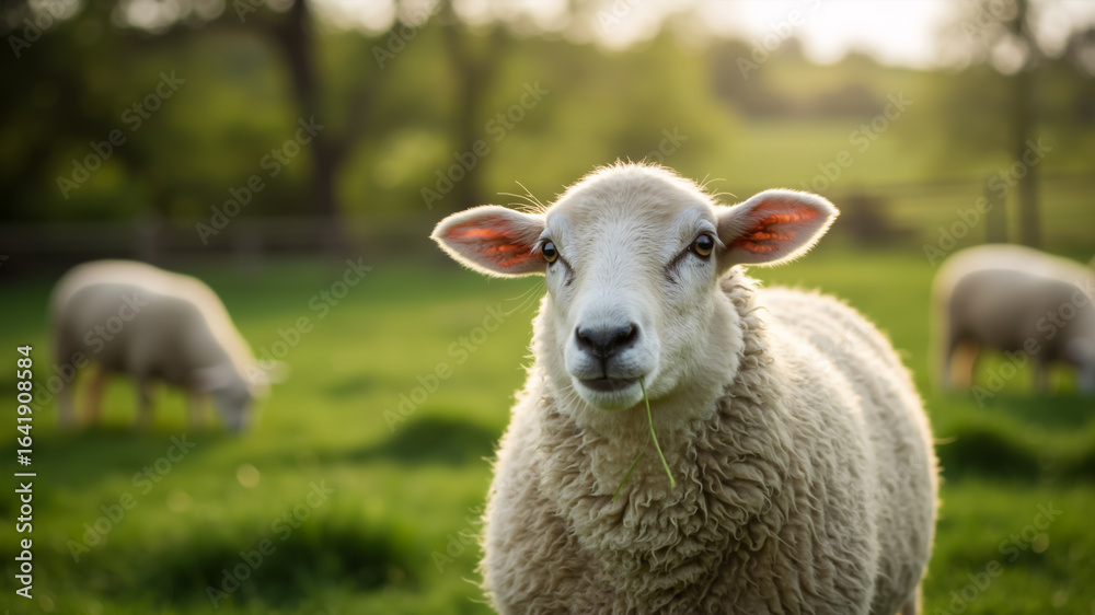 Obraz premium Sheep grazing on lush green pasture. Close-up of a white sheep eating grass in a field.