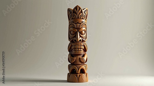 bold unique shape polynesian, carved wooden tiki figure, cultural design, light gradient background, creative component design, elegant artistic visual, powerful symbolic object