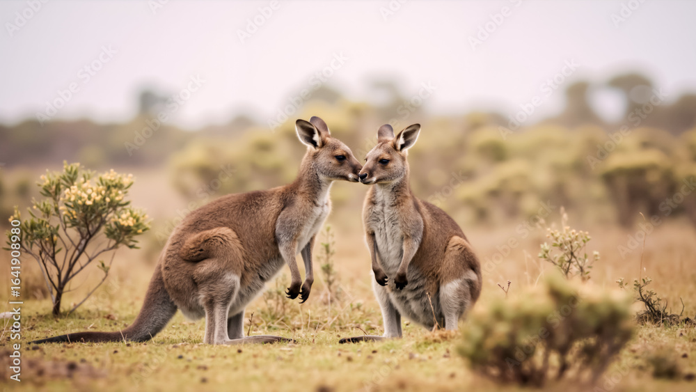 Two kangaroos sniffing each other in a dry field. Close up of two wild animals interacting outdoors. Two kangaroos sniffing each other in a dry field. Close up of two wild animals interacting outdoors.