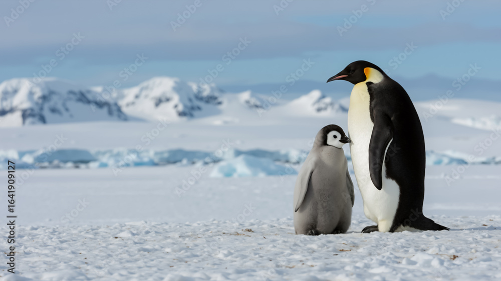 Obraz premium Emperor penguin chick standing next to adult in Antarctica. Close up of emperor penguins on snowy landscape with icebergs. Copy space for text