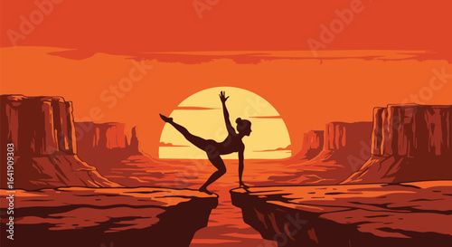 Silhouette of a graceful woman in a yoga balance pose on a canyon cliff during a vibrant, warm sunset.