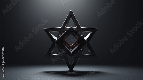 bold unique shape star, interlocking geometric tetrahedron solid, metaphysical form, dark gradient background, creative component design, complex spiritual visualization, eye-catching design element
