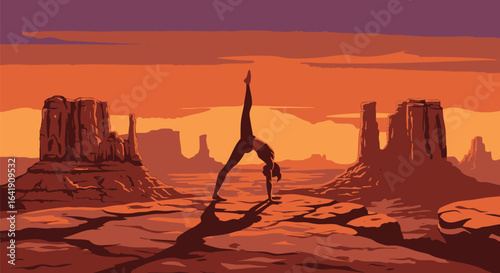 Woman Practicing Yoga in a Majestic Desert Landscape at Sunrise