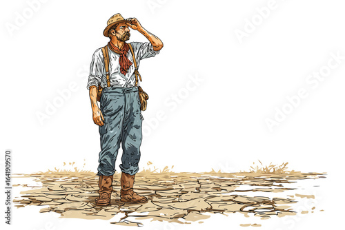 Farmer surveying parched field isolated