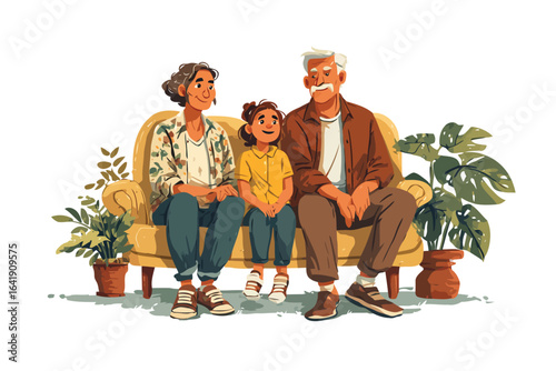Grandparents with grandchild relaxing on the sofa