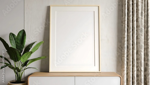 Modern Interior with Blank Poster Frame on Wooden Cabinet