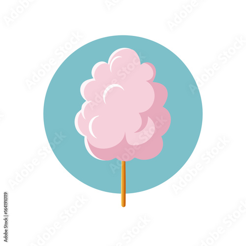 A delicious pink cotton candy treat on a stick within a light blue circle