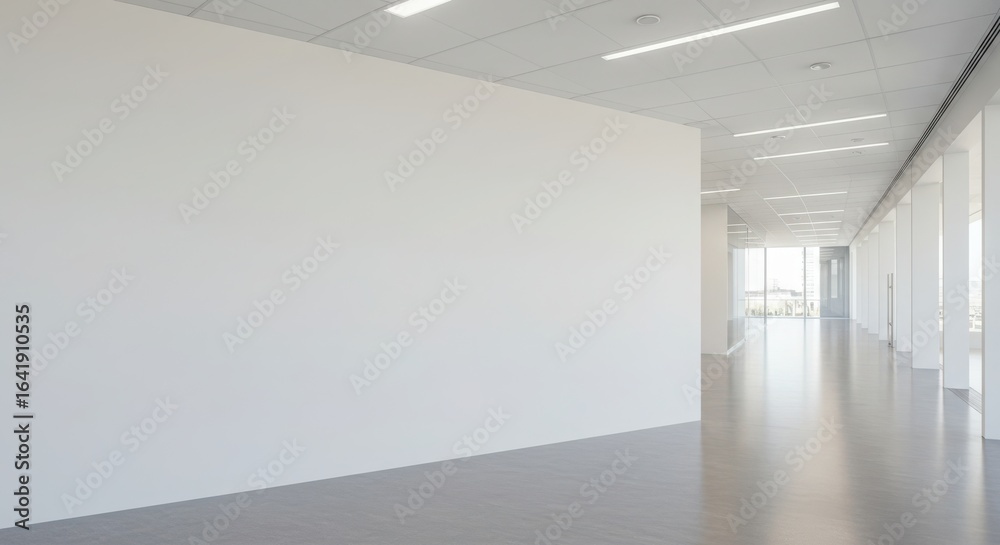 Modern office interior hallway with white walls, grey floor, and bright natural light from windows