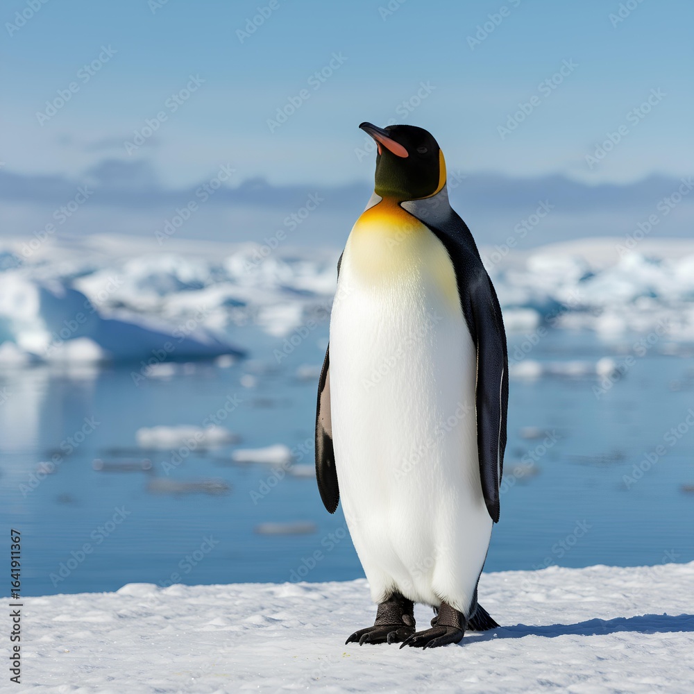 Fototapeta premium A King Penguin standing tall and proud on a pristine white expanse of snow. Its sleek, black back and flippers contrast sharply with its brilliant white belly