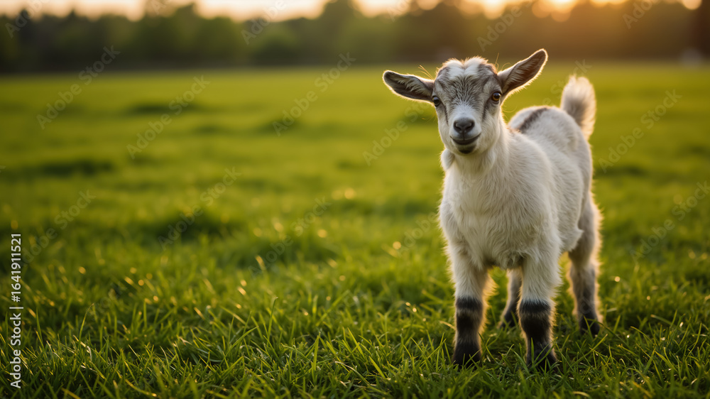 Obraz premium Young goat standing in a grassy field at sunset. Portrait of a baby goat grazing on green grass.