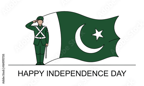 Patriotic "Happy Independence Day" illustration for Pakistan, featuring a soldier saluting the national flag. A simple, flat vector design on a white background.

