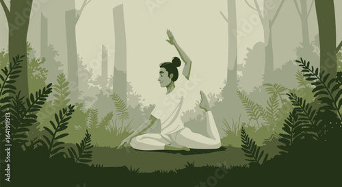 Mindful woman performing a graceful yoga pose surrounded by lush forest greenery, embodying peace, balance, and healthy living within a natural, serene environment.