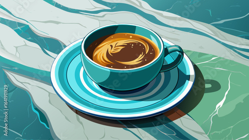 On the marble table, an overhead close-up shot frames a cup of coffee with crema resting on a teal saucer, radiating cozy charm and the artistry of everyday moments.