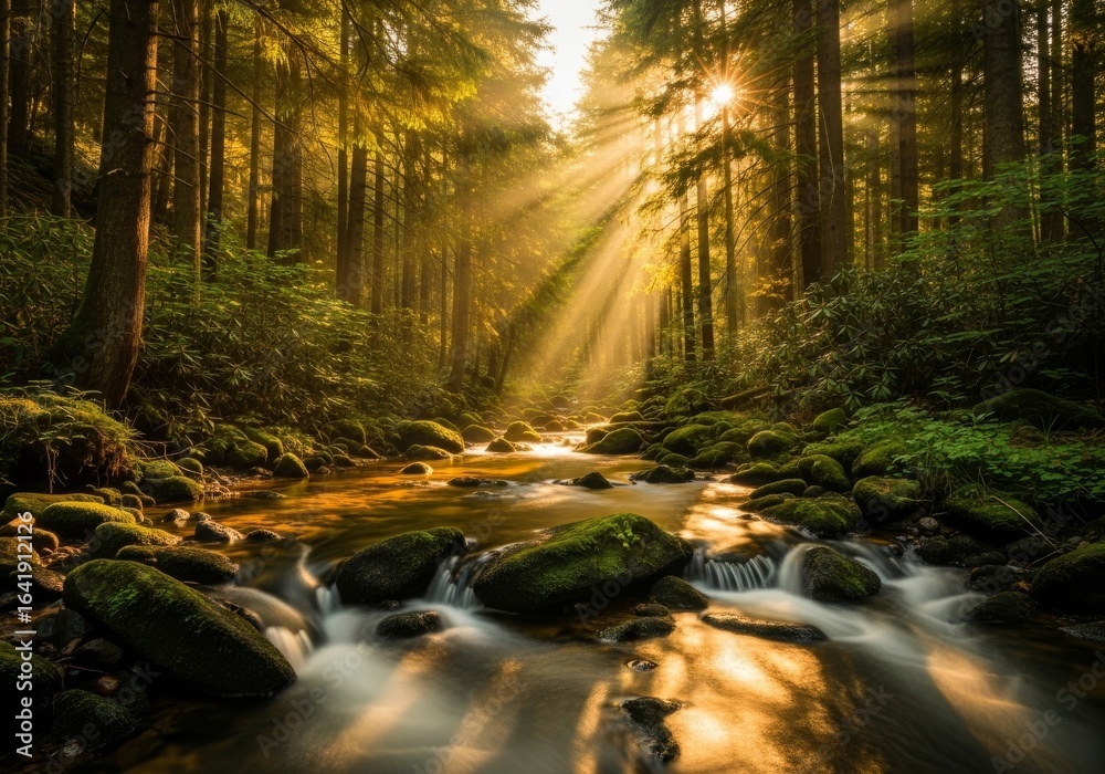 Obraz premium Golden Rays on Forest Creek - Serene forest creek, sunlit, mossy rocks, flowing water, tranquil nature. Symbolizes peace, serenity, renewal, nature's beauty, and spiritual awakening
