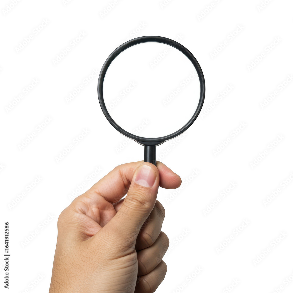 A human hand firmly grips a classic magnifying glass with a circular lens held up against a dark backdrop isolated on transparent background A human hand firmly grips a classic magnifying glass with a circular lens held up against a dark backdrop isolated on transparent background