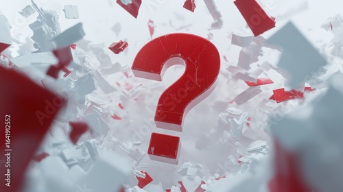 A large red question mark surrounded by fragments, symbolizing inquiry and exploration.