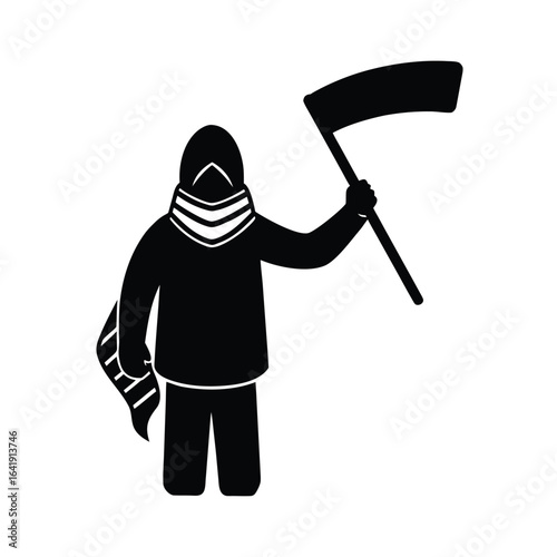 Silhouette of a protestor with scarf and flag