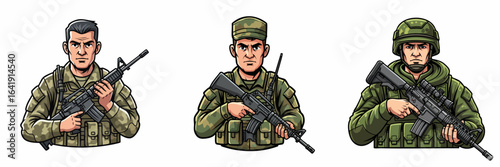 Detailed Handdrawn Armed Soldier Character with Rifle Illustration Graphic Resource
